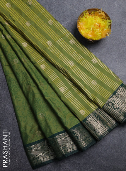 Semi raw silk saree mehendi green and bottle green with allover prints & 1000 zari buttas and zari woven border