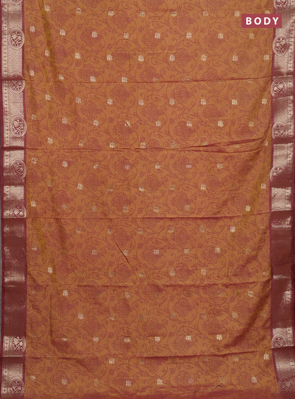 Semi raw silk saree dark mustard and brown with allover prints & 1000 zari buttas and zari woven border