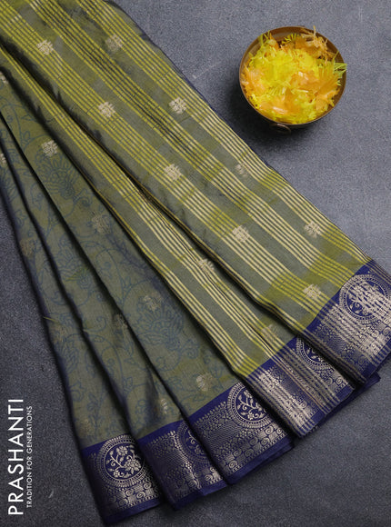 Semi raw silk saree mehendi green and navy blue with allover prints & 1000 zari buttas and zari woven border