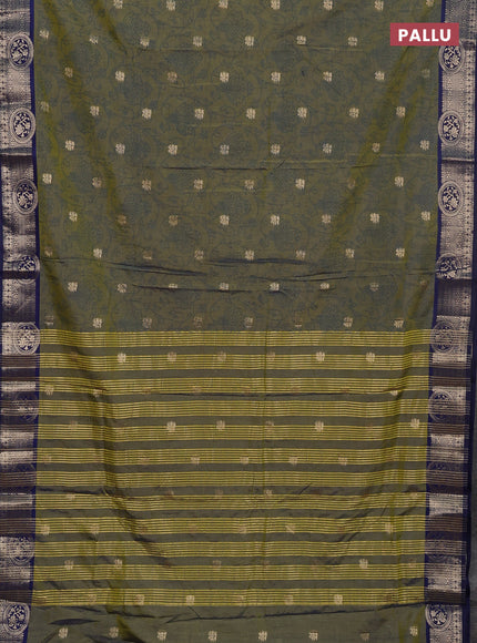 Semi raw silk saree mehendi green and navy blue with allover prints & 1000 zari buttas and zari woven border