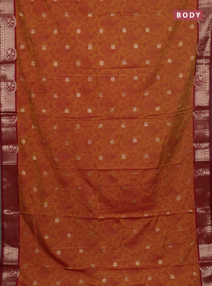 Semi raw silk saree dark mustard and maroon with allover prints & 1000 zari buttas and zari woven border