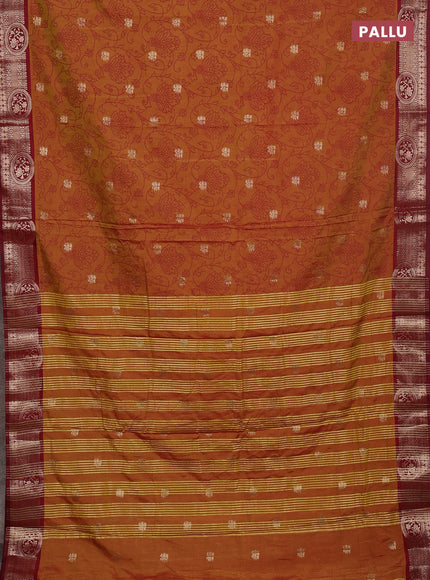 Semi raw silk saree dark mustard and maroon with allover prints & 1000 zari buttas and zari woven border