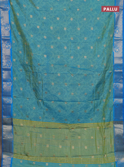 Semi raw silk saree dual shade of teal blue and cs blue with allover prints & 1000 zari buttas and zari woven border