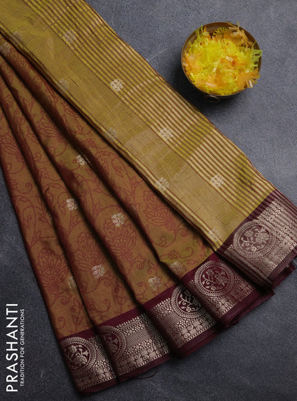 Semi raw silk saree dark mustard green and wine shade with allover prints & 1000 zari buttas and zari woven border