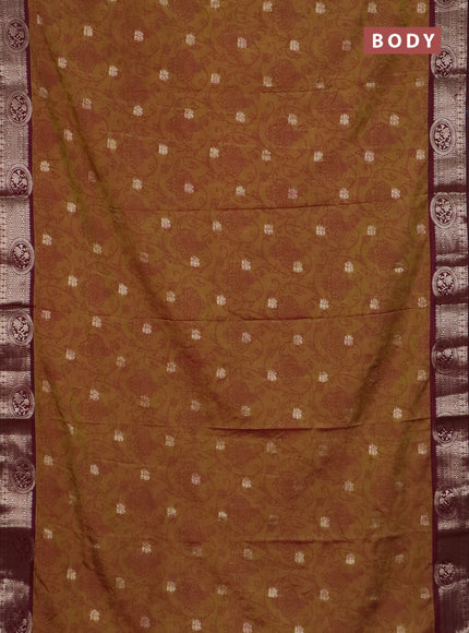 Semi raw silk saree dark mustard green and wine shade with allover prints & 1000 zari buttas and zari woven border