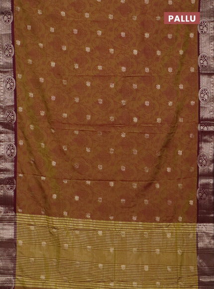 Semi raw silk saree dark mustard green and wine shade with allover prints & 1000 zari buttas and zari woven border