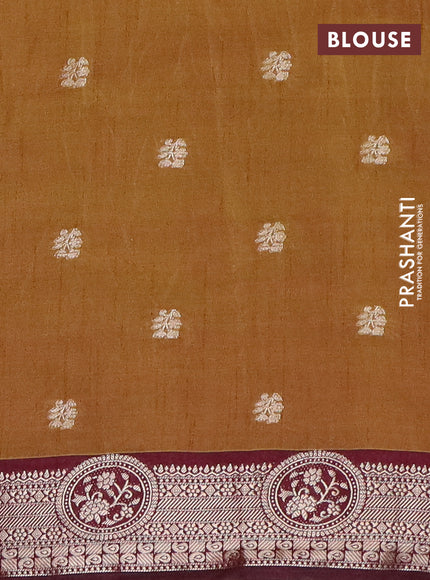 Semi raw silk saree dark mustard green and wine shade with allover prints & 1000 zari buttas and zari woven border