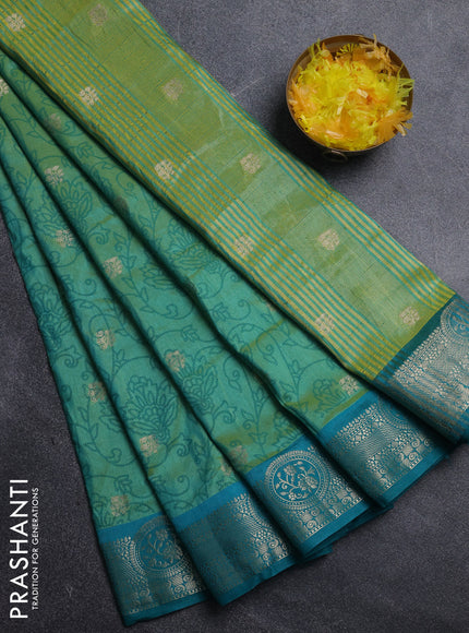 Semi raw silk saree teal bluish green and teal green with allover prints & 1000 zari buttas and zari woven border