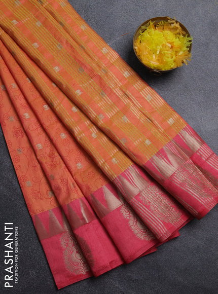 Semi raw silk saree dual shade of orange and peach pink with allover prints & 1000 zari buttas and zari woven paisley butta border