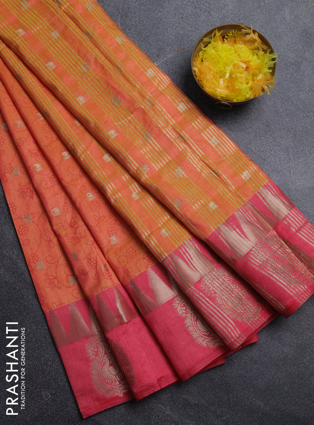 Semi raw silk saree dual shade of orange and peach pink with allover prints & 1000 zari buttas and zari woven paisley butta border