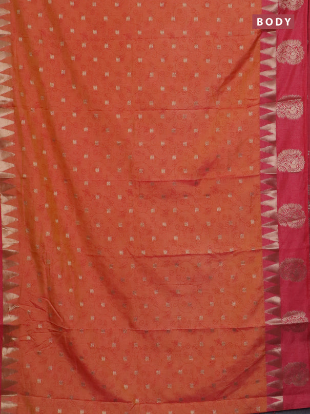 Semi raw silk saree dual shade of orange and peach pink with allover prints & 1000 zari buttas and zari woven paisley butta border