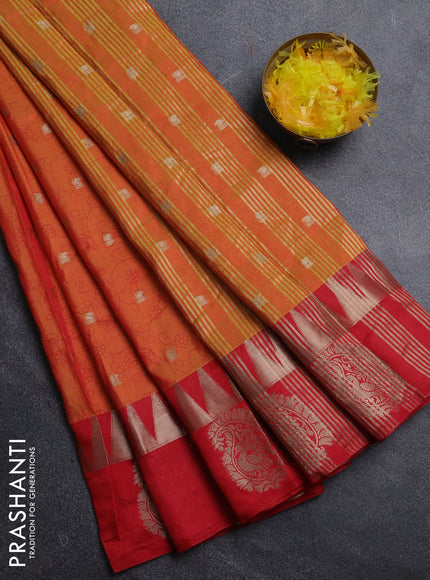 Semi raw silk saree dual shade of orange and red with allover prints & 1000 zari buttas and zari woven paisley butta border