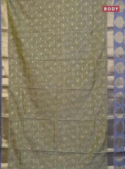 Semi raw silk saree elaichi green and grey with allover kalamkari prints & 1000 zari buttas and zari woven butta border