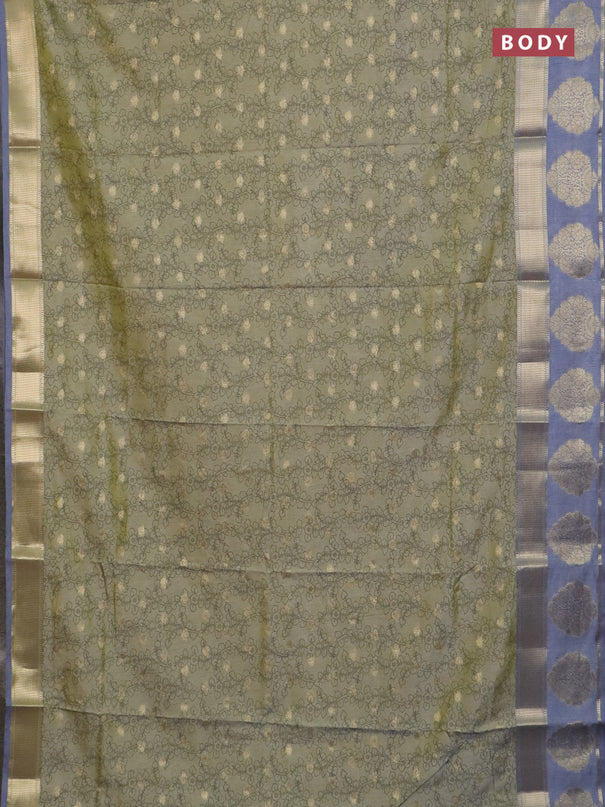 Semi raw silk saree elaichi green and grey with allover kalamkari prints & 1000 zari buttas and zari woven butta border