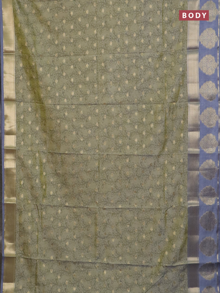 Semi raw silk saree elaichi green and grey with allover kalamkari prints & 1000 zari buttas and zari woven butta border