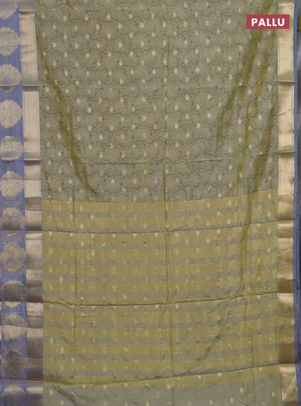 Semi raw silk saree elaichi green and grey with allover kalamkari prints & 1000 zari buttas and zari woven butta border