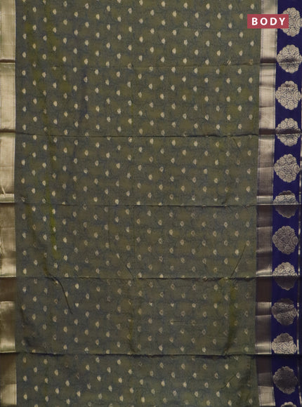 Semi raw silk saree dual shade of green and navy blue with allover kalamkari prints & 1000 zari buttas and zari woven butta border