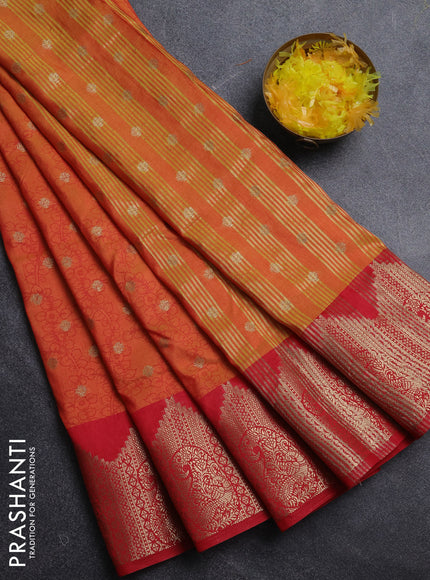 Semi raw silk saree dual shade of orange and red with allover kalamkari prints & 1000 zari buttas and temple design zari woven border