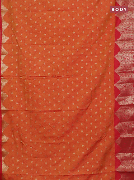 Semi raw silk saree dual shade of orange and red with allover kalamkari prints & 1000 zari buttas and temple design zari woven border