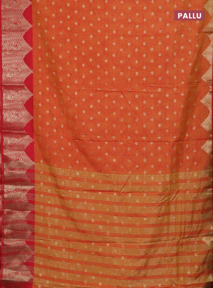 Semi raw silk saree dual shade of orange and red with allover kalamkari prints & 1000 zari buttas and temple design zari woven border