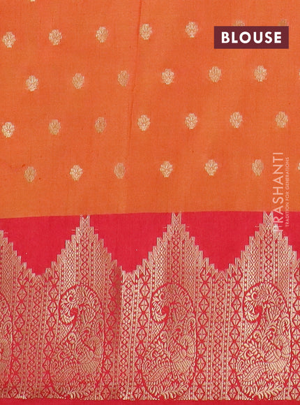 Semi raw silk saree dual shade of orange and red with allover kalamkari prints & 1000 zari buttas and temple design zari woven border