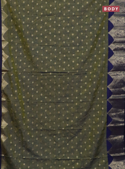 Semi raw silk saree dual shade of green and navy blue with allover kalamkari prints & 1000 zari buttas and temple design zari woven border