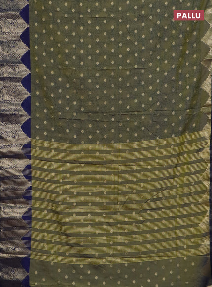 Semi raw silk saree dual shade of green and navy blue with allover kalamkari prints & 1000 zari buttas and temple design zari woven border