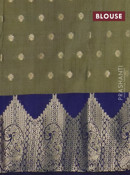 Semi raw silk saree dual shade of green and navy blue with allover kalamkari prints & 1000 zari buttas and temple design zari woven border