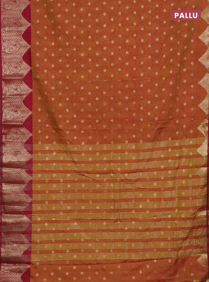 Semi raw silk saree dual shade of dark mustard and maroon with allover kalamkari prints & 1000 zari buttas and temple design zari woven border