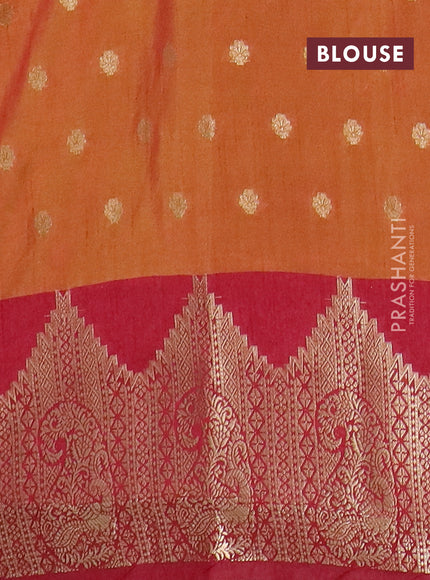 Semi raw silk saree dual shade of dark mustard and maroon with allover kalamkari prints & 1000 zari buttas and temple design zari woven border