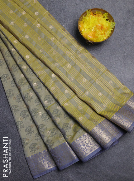 Semi raw silk saree elaichi green and grey with butta prints & 1000 buttas and zari woven border