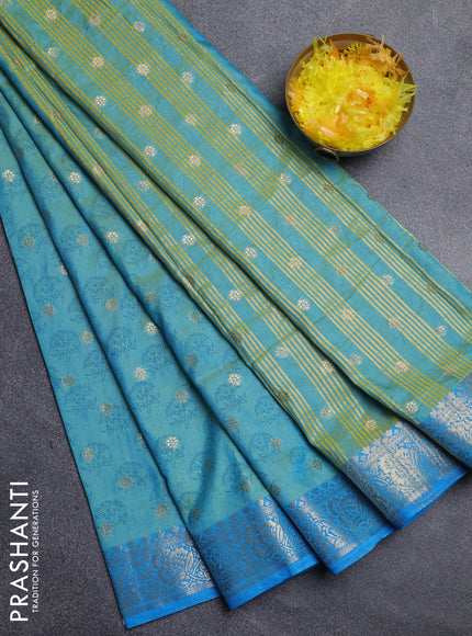 Semi raw silk saree teal blue and cs blue with butta prints & 1000 buttas and zari woven border