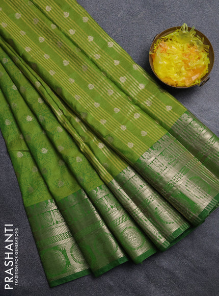Semi raw silk saree light green and green with allover prints & 1000 zari buttas and zari woven border