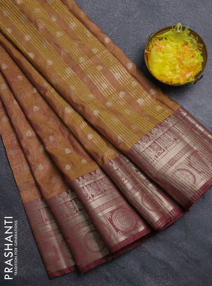 Semi raw silk saree dark mustard and maroon with allover prints & 1000 zari buttas and zari woven border