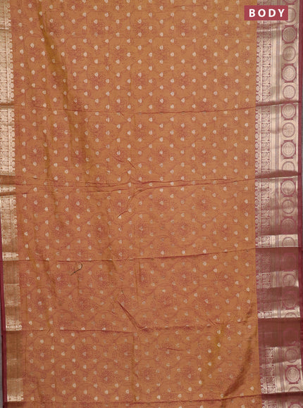 Semi raw silk saree dark mustard and maroon with allover prints & 1000 zari buttas and zari woven border