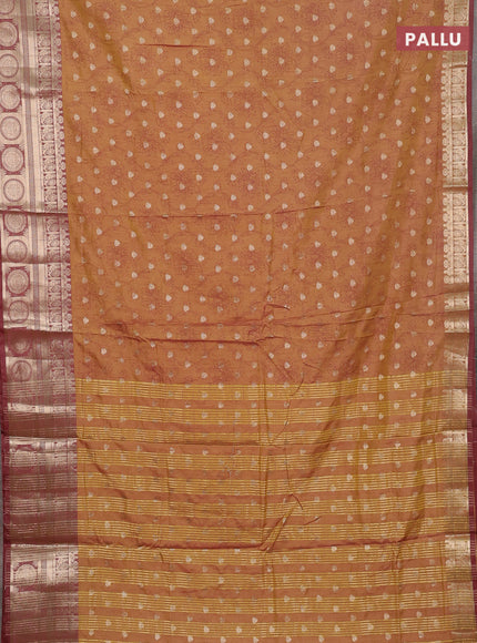 Semi raw silk saree dark mustard and maroon with allover prints & 1000 zari buttas and zari woven border