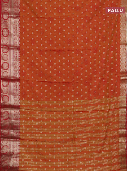 Semi raw silk saree dual shade of orange and red with allover prints & 1000 zari buttas and zari woven border