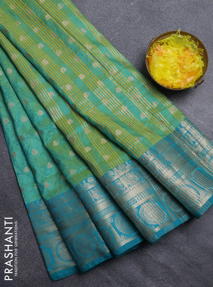 Semi raw silk saree dual shade of teal bluish green with allover prints & 1000 zari buttas and zari woven border