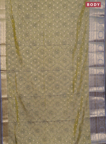 Semi raw silk saree elaichi green and grey with allover prints & 1000 zari buttas and zari woven border