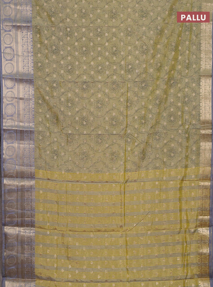 Semi raw silk saree elaichi green and grey with allover prints & 1000 zari buttas and zari woven border