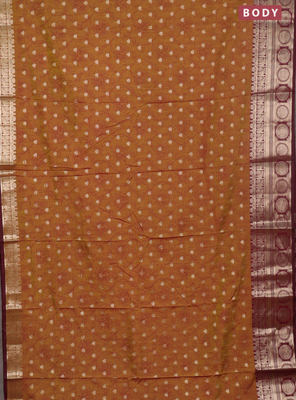 Semi raw silk saree dark mustard and maroon with allover prints & 1000 zari buttas and zari woven border