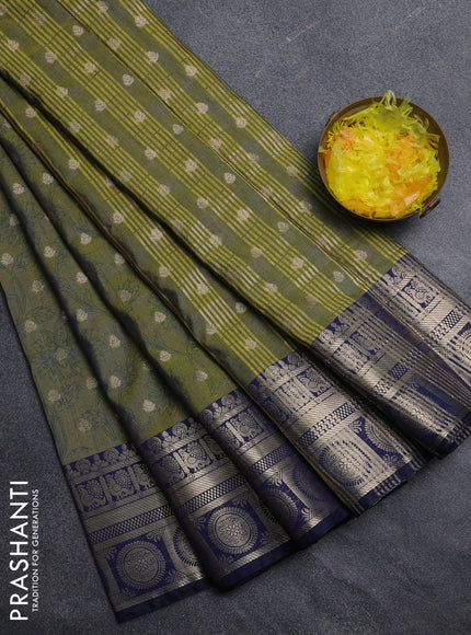Semi raw silk saree mehendi green and navy blue with allover prints & 1000 zari buttas and zari woven border