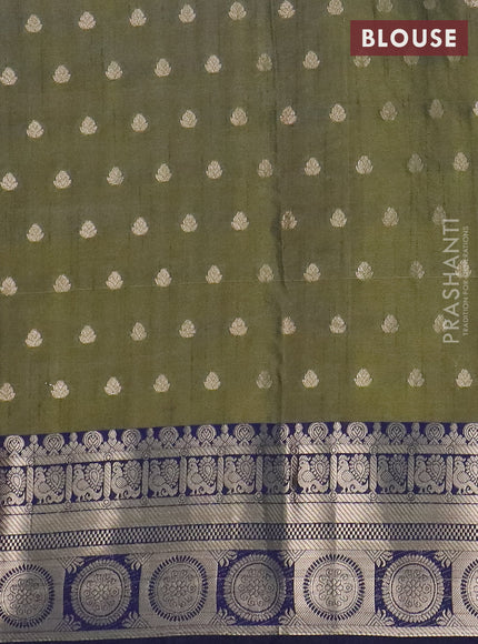 Semi raw silk saree mehendi green and navy blue with allover prints & 1000 zari buttas and zari woven border