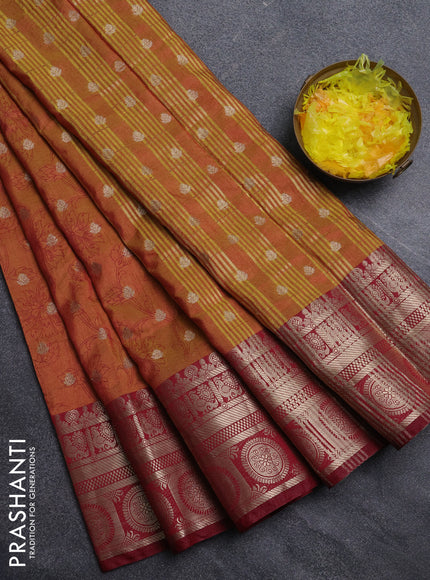 Semi raw silk saree dark mustard and maroon with allover prints & 1000 zari buttas and zari woven border