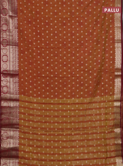 Semi raw silk saree dark mustard and maroon with allover prints & 1000 zari buttas and zari woven border