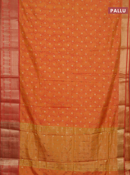 Semi raw silk saree dual shade of yellowish orange and orange with allover kalamkari prints & 1000 zari buttas and zari woven border