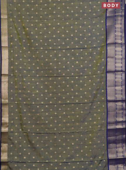 Semi raw silk saree dual shade of mehendi green and navy blue with allover kalamkari prints & 1000 zari buttas and zari woven border