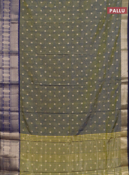 Semi raw silk saree dual shade of mehendi green and navy blue with allover kalamkari prints & 1000 zari buttas and zari woven border