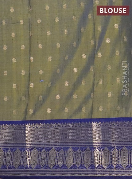 Semi raw silk saree dual shade of mehendi green and navy blue with allover kalamkari prints & 1000 zari buttas and zari woven border