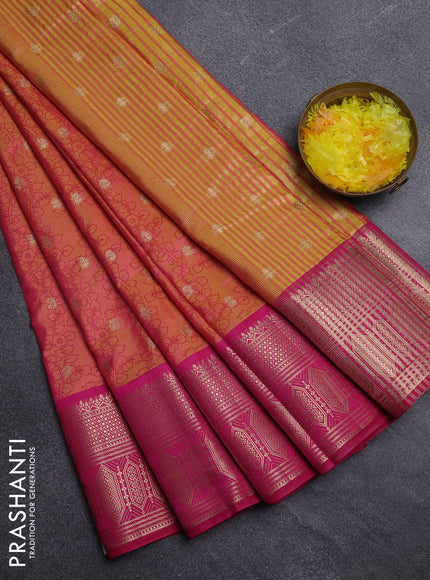 Semi raw silk saree dual shade of mustard yellow and pink with allover kalamkari prints & 1000 zari buttas and zari woven border